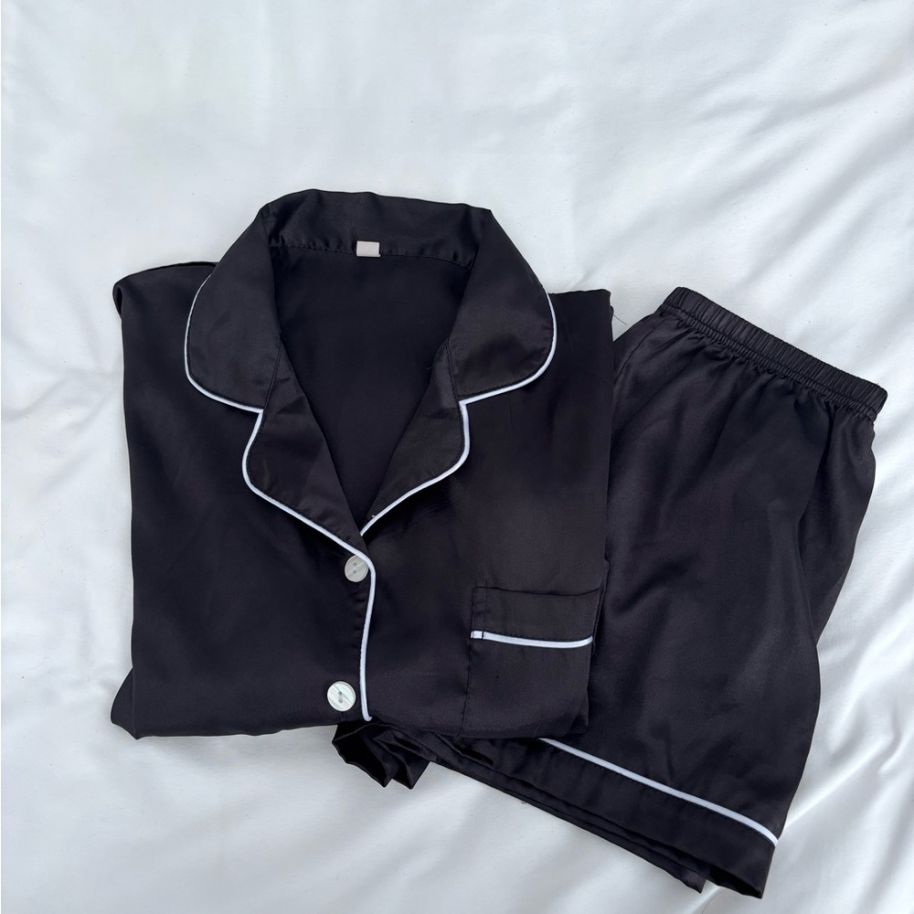 Black Satin Pajama Set with White Trim